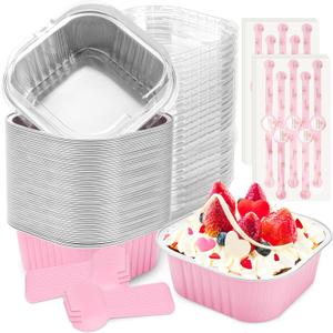 NPLUX 60 Pack Mini Cake Pans with Lids, Mini Aluminum Pans, Disposable Loaf Pans Cupcake Liners with Lids for Pudding, Souffle, Party, Wedding (Pink, 10 oz)