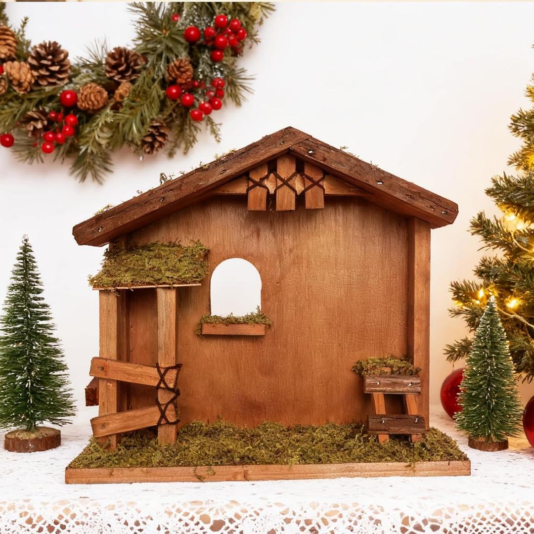 XWY Wooden Nativity Stable, 14" Christmas Wood Manger Scene for 7-8 Inch Nativity Figurines, Rustic Creche with Natural Moss for Holiday Home Decor