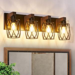 4-Light Farmhouse Bathroom Vanity Light, Wood Bathroom Lighting Fixtures Over Mirror, Black Bathroom Light Fixtures with Cage Metal Shade, Rustic Vanity Light with E26 Base