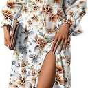 BLENCOT Womens Casual Square Neck Long Sleeve Boho Floral Midi Dress Print Side Split Dresses (Medium,  Brown Floral)