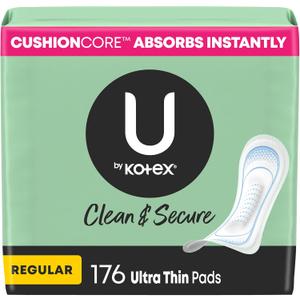 U by Kotex Clean & Secure Ultra Thin Pads, Regular Absorbency, 176 Count (4 Packs of 44) (Packaging May Vary)
