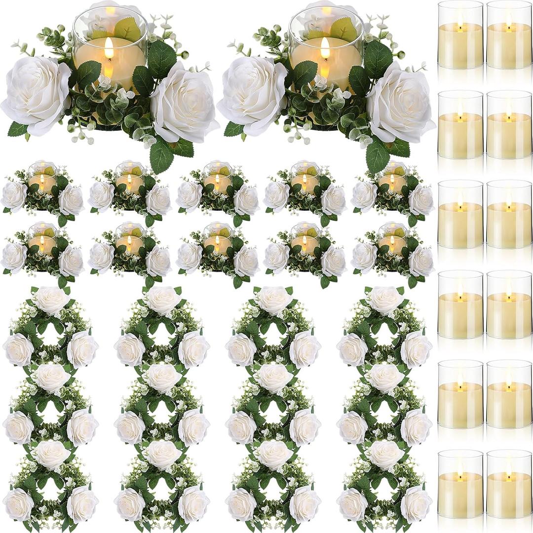 Yunlly 12 Pcs Valentine Candle Rings Wreaths 3 Inch Wedding Centerpiece LED Flameless Candles Rose Eucalyptus Rings for Tables Party Centerpiece Valentines Mother's Day Decoration (White)