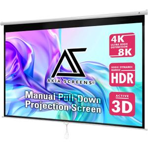 Akia Screens 100 Inch Manual Pull Down Projector Screen, 16:10 Retractable Projection Screen, 4K 8K HD Ready, Wall or Ceiling Mount, Auto-Locking Indoor Home Theater Screen, White Case (AK-M100X1)