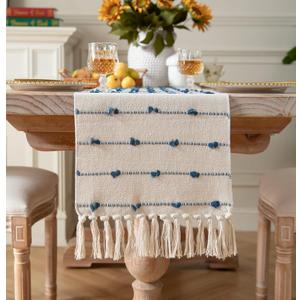 Caflife Boho Table Runner 72 Inchs Long for Modern Farmhouse Room Home Decor, Blue and Beige Coffee Table Runner, Natural Cotton Woven with Tassels Neutral, for Kitchen Dining Table Decor