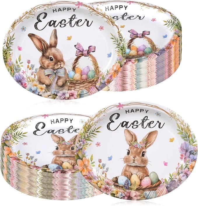 50 Pcs Easter Party Supplies Oval Paper Plates Set, Bunny Rabbit Large Disposable Party Dinner Plates Bunny Egg Flowers Tableware for Spring Easter Birthday Table Decorations Party Supplies