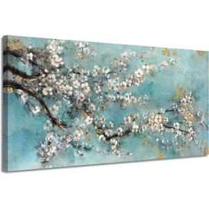Abstract Flower Picture Wall Art: Dogwood Painting Hand Painted Artwork on Canvas for Living Room (40''W x 20''H,Multi-Sized)