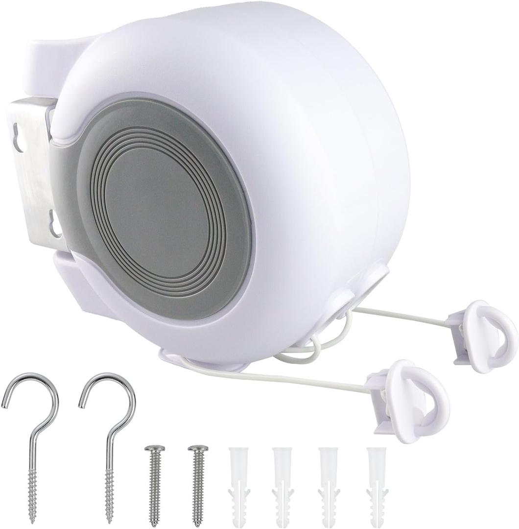 Retractable ClothesIine 2x49 Feet Outdoor Indoor, Dual Heavy Duty ClothesIines for Laundry Drying, Wall-Mounted Portable Easy Installation Washing Lines Rope (White-98FT)
