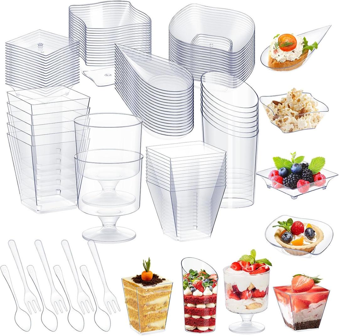80 Pcs Mini Appetizer Plates Dessert Cups Spoons Forks Set Dessert Containers Assorted Shape Plastic Parfait Cups Disposable Spoon Forks for Party Serving (Clear)
