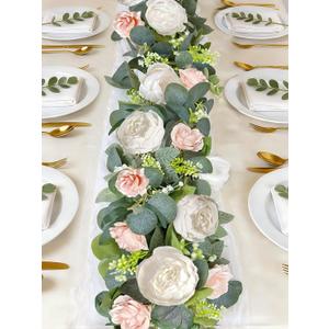2 Pack 13Ft Artificial Eucalyptus Flower Garland with 16 White Peony Pink Rose, Baby Breath Fake Flowers Greenery Garland Floral Vine for Mantle Wedding Table Runner Centerpiece Backdrop Home Decor