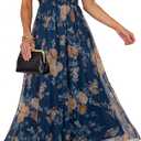 Simplee Womens Floral Maxi Dresses 2026 Summer Square Neck Mesh Short Sleeve Smocked Boho Flowy Wedding Guest Dress, XL
