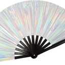 Silver Laser Rave Hand Fan,Large Folding Hand Rave Fan,Clack Handheld Fan for Party,Bamboo Holding Hand Fan Large Foldable Fan with Bright Color,Folding Fan for Festival,Rave Outfits for Women