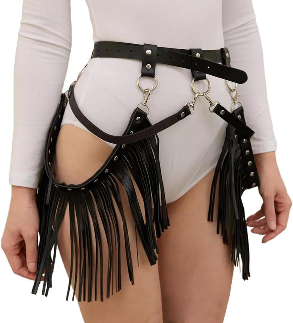 Women Punk Tassel Belt Leather Body Harness Waist Chain Gothic Caged Belt Rave Party Nightclub Costume (Black)