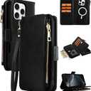 VANAVAGY Compatible for iPhone 16 Pro Max Wallet Case with RFID Blocking Card Holder for Women Men, PU Leather Magnetic Snap Wallet Detachable Phone Case with Kickstand for 16 promax 6.9inch, Black