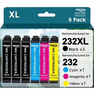 Remanufactured for 232XL Ink Cartridges for Epson 232XL 232 XL 6 Combo Pack (3 Black Cyan Yellow Magenta) with Workforce WF-2930 WF-2950 Expression XP-4200 XP-4205 Printer