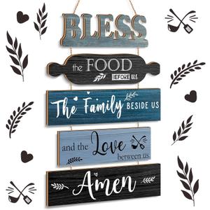 Bless The Food Before Us Sign Farmhouse Kitchen Wall Decor Rustic Dining Room Wall Art Dining Room Decorations Collage Art Wooden Rustic Country Vintage Kitchen Hanging Wood Signs (Blue)
