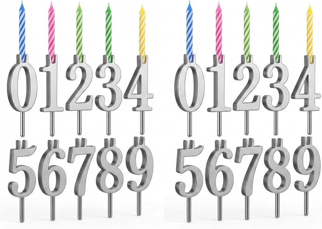 20 Pack Reusable Number Birthday Cakes Candle Holder Set - Silver Number Candle Holders Stand - Metal Cake Topper Decorations