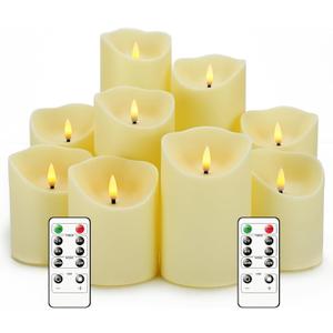Flameless Candles with Remote, Battery Operated Flickering Flameless Candles, LED Candles with Timer 2/4/6/8H, with Realistic LED Candles Set of 9 (D3 x H 3" 4" 5" 6" 7") (Ivory)