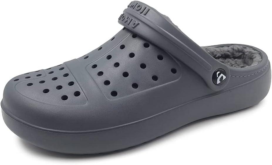 Amoji Unisex Winter Fleece Clog Fur Lined Garden Shoes House Slippers D8818 (6-6.5 Women/5.5-6 Men, Grey/Grey)
