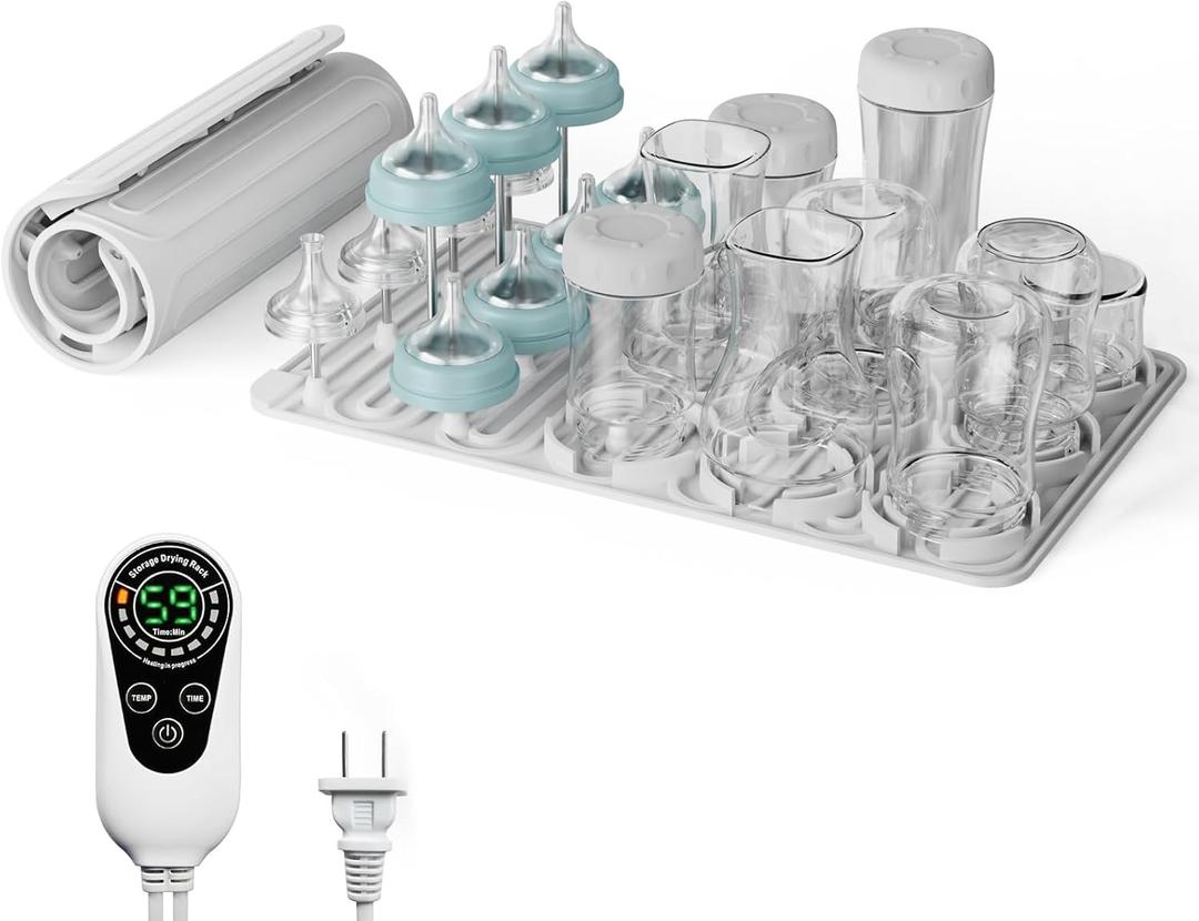 Baby Bottle Drying Rack, Electric Bottles Rack Dryer with Heating & Timer, Fast Dry Silicone Bottle Storage Organizer, Space Saving Kitchen Bottle Rack Dryer for Bottles and Pacifiers
