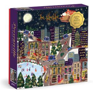 Galison Presentville 500 Piece Holiday Foil Puzzle Featuring Beautiful Artwork of A Cozy and Festive City Scene by Joy Laforme