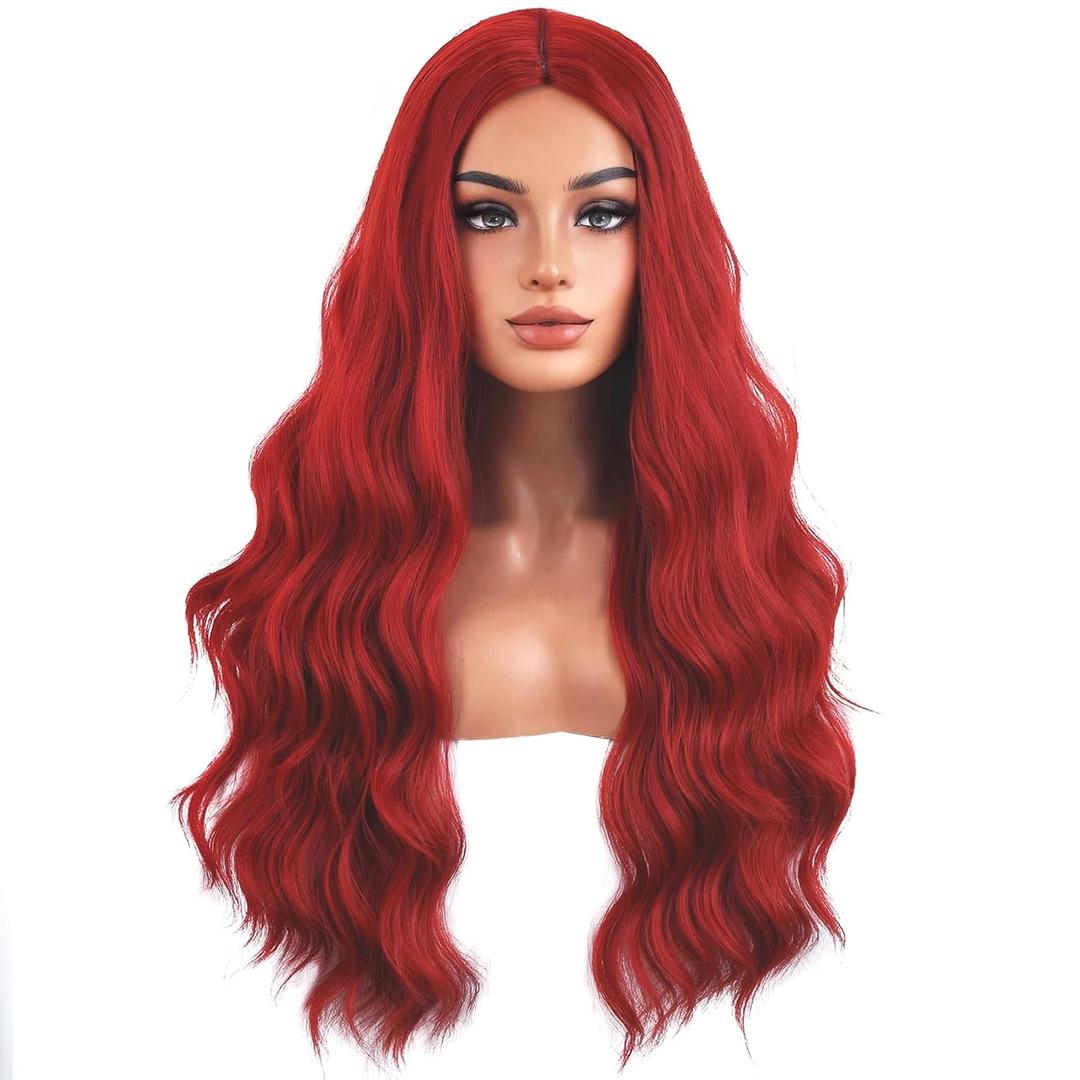 MAGQOO Red Wigs for Women Girls Bright Neon Red Wig with Bangs Long Curly Wavy Wigs Halloween Cosplay Costume Party Wig Synthetic Heat Resistant