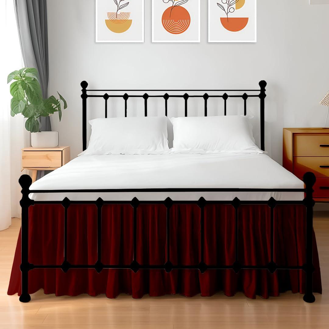 Shreem Linen Ruffled Bed Skirt with Split Corners, Gathered Style, 100% Microfiber, 18-Inch Drop, Dust Ruffle Bedskirt with Platform, Queen, Burgundy