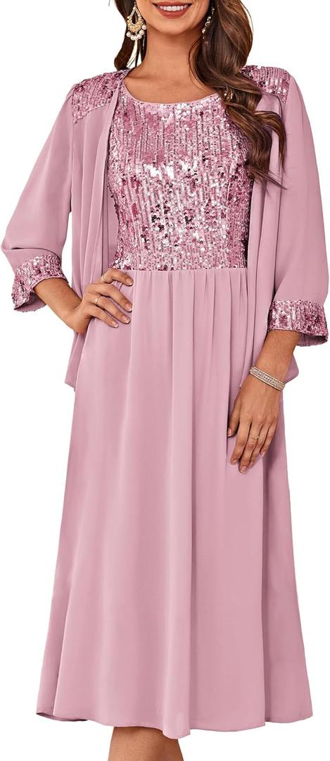 GRACE KARIN Wedding Guest Dress,Mother of The Bride Dresses,Two Piece Formal Sequin Dress with Jacket Tea Length 2026 (Medium, Gray Pink)