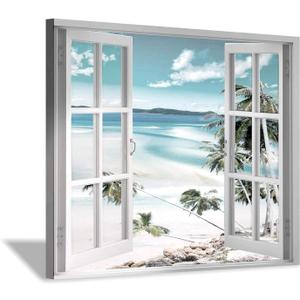 Open Windows Canvas Wall Art: Beach with Coastal Palm Graphic Artwork Print on Wrapped Canvas for Wall Decor(24''x18'')