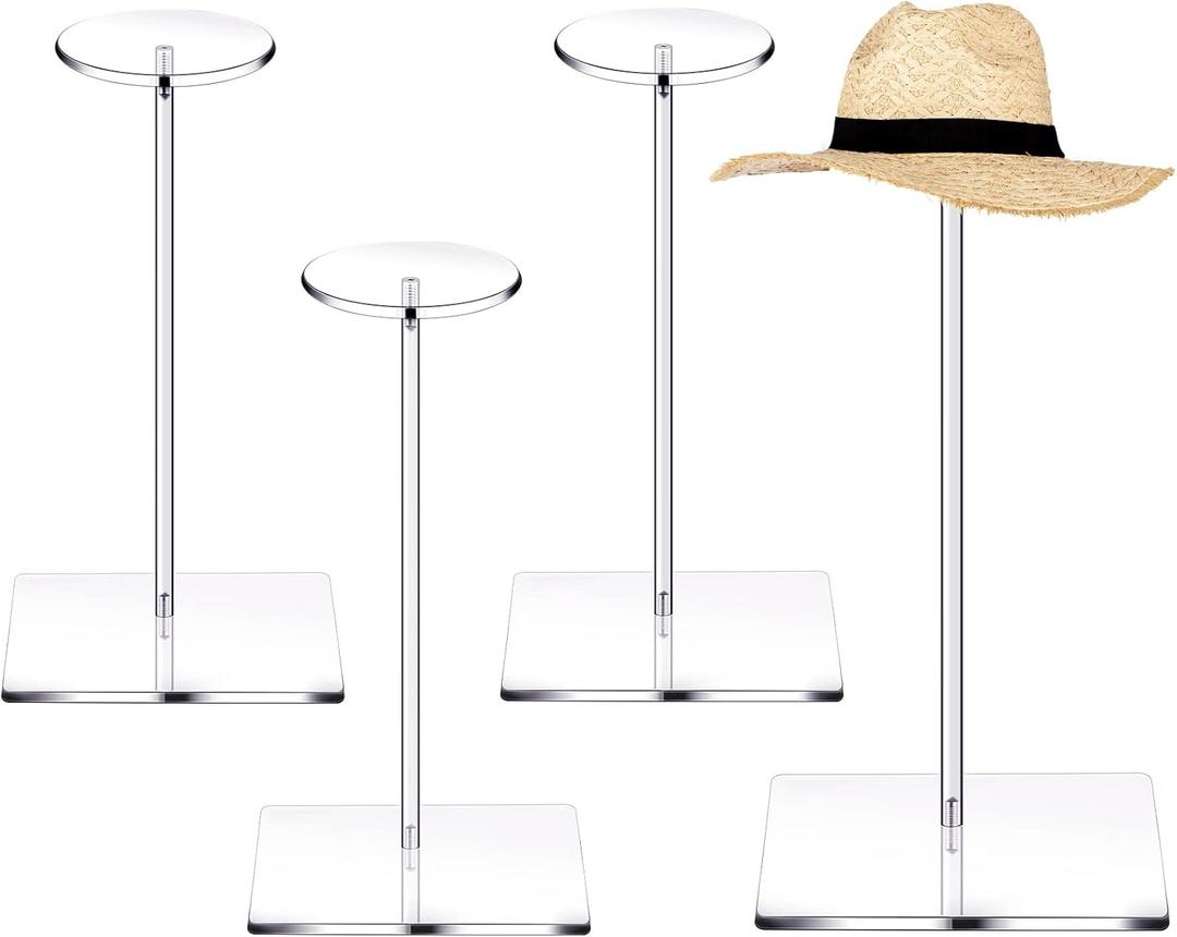 Chunful 4 Sets Acrylic Hat Stand Wig Display Rack Clear Pedestal Stand Baseball Hat Rack Square Round Acrylic Risers for Tabletop Display Watch Jewelry(12 Inch)