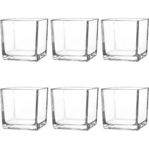 Set of 6 Square Glass Vases 4" x 4" x 4", Clear Flower Vase, Plant Terrarium, Candle Holder for Wedding Centerpiece, Office Decorations, Home Décor, Parties and Events