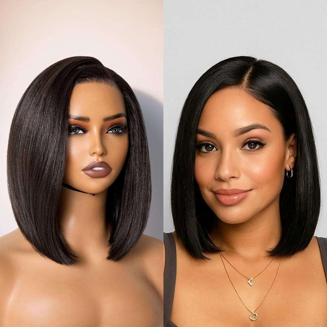 GORGIUS Black Bob Lace Front Wig Glueless Straight Short Wigs Upgrade with Human-Hair-Like Synthetic Hair Pre Cut Pre Plucked Side Part Hairline 12 Inch