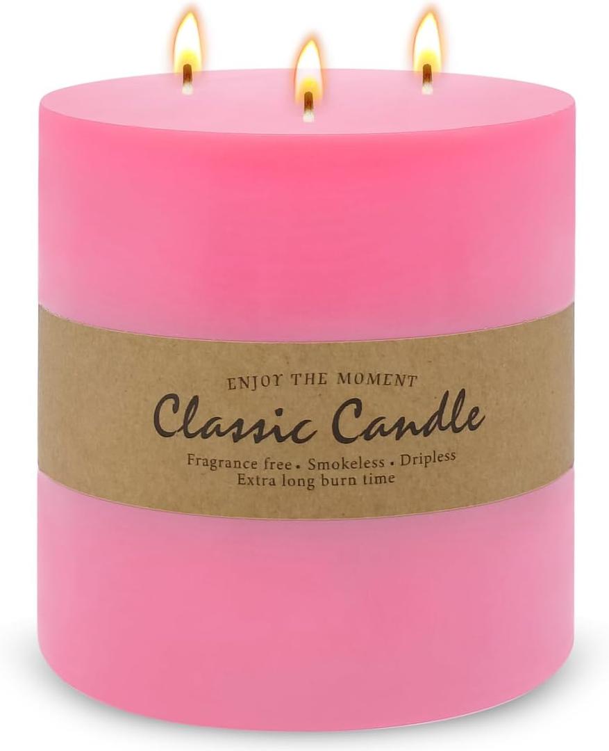 Large 3-Wick Pink Pillar Candle - 6x6 Inch Dripless & Smokeless Unscented Fat Candle, 120 Hour Long Burning Hand-Poured Thick Candle with Cotton Wicks