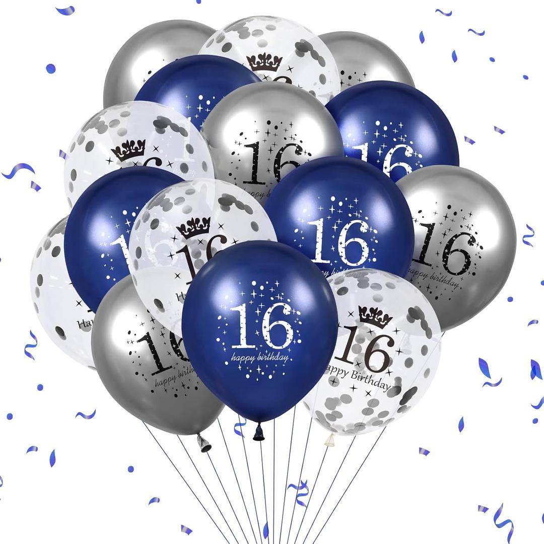 Blue 16th Birthday Balloons for Boys, 15Pcs Navy Blue Silver Happy 16th Birthday Decorations Balloons for Boys Girls 16 Years Old Party Indoor Outdoor Decor Supplies 12 inches