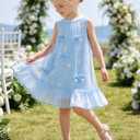 Girl Tulle Dress Toddler Girl Sequin Birthday Party Dress A-Line Kid Sleeveless Casual Dress 6-7 (Blue)