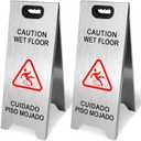 2 Pack Stainless Steel Wet Floor Sign, 24 Inch Caution Wet Floor Sign Portable Foldable Bilingual Safety Warning for Hotel Market Restroom Restaurant Office (Silver)