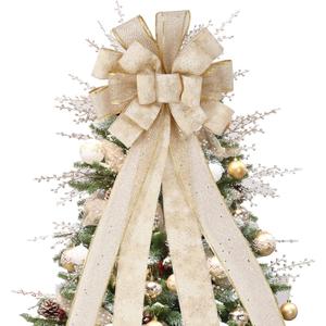Christmas Tree Topper Bow, 44X12 Inch Artificial Xmas Tree Flower Topper Decor, for Family, Wedding, Birthday Party, Indoor Outdoor Thanksgiving Christmas Decoration - Gold/Snowflake.