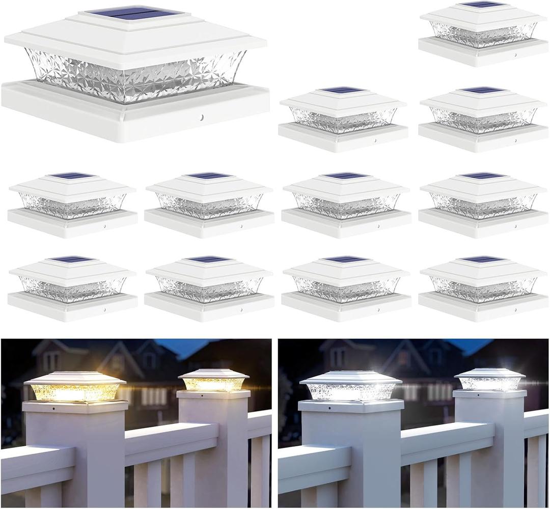 APONUO Solar Post Lights Outdoor, 2 Lighting Modes 16 LEDs Solar Post Cap Lights for 4x4 5x5 6x6 Vinyl Wooden Posts Waterproof Fence Posts Light Solar Powered for Deck/Fence/Porch (White,12 Pack)