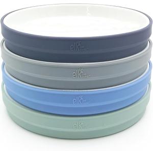 Elk and Friends Kids 7.8” Porcelain White Plates with Silicone Sleeves | Suitable for Babies/Toddlers | Microwave & Dishwasher Safe | Non Slip Dinnerware | Snack Dishes | 4 Pack