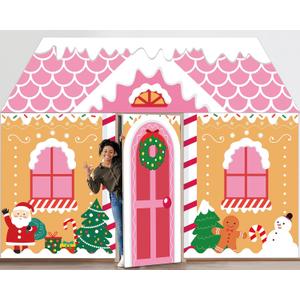 4Pcs Christmas Gingerbread Door Decoration Xmas Party Door Covers Backdrop Christmas Gingerbread House Decorations Xmas Hanging Doors Banner for Holiday Classroom Office Home Party Porch Sign (Pink)