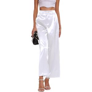 C.O.Z.Y Satin Pants for Women High Waist Wide Leg Dress Casual Silk Disco Pants with Pockets (X-Large, White)
