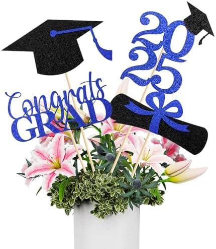 Mljsh Graduation Decorations 2025, 16 PCS Black Blue Graduation Centerpieces for Tables, Double-Sided Table Toppers Centerpieces, Class of 2025 Grad Party Decorations 2025