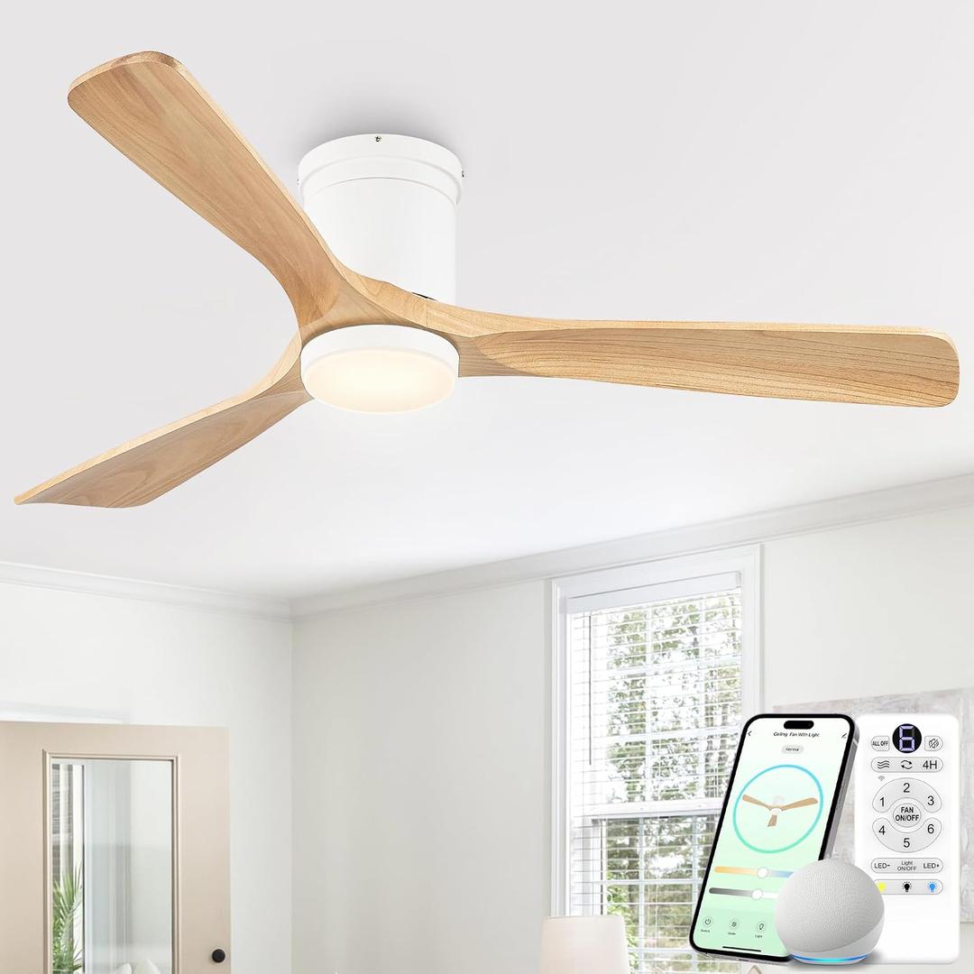 PIGOABZ 60 Inch Flush Mount Ceiling Fans with Lights, Low Profile Smart Ceiling Fan with Alexa & Remote Control, White Natural Wood 3 Blades Indoor Outdoor Ceiling Fans for Bedroom Living Room Patio, Natural Wood + White