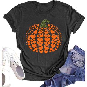 Halloween Pumpkin Shirt Women Leopard Graphic Tees Short Sleeve Fall T-Shirt Thanksgiving Gift Tops (Small, Gray)