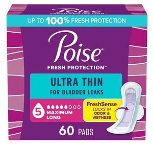 Poise Ultra Thin Incontinence & Postpartum Pads with Wings for Bladder Leaks, 5 Drop Maximum Absorbency, Long Length, 60 Count