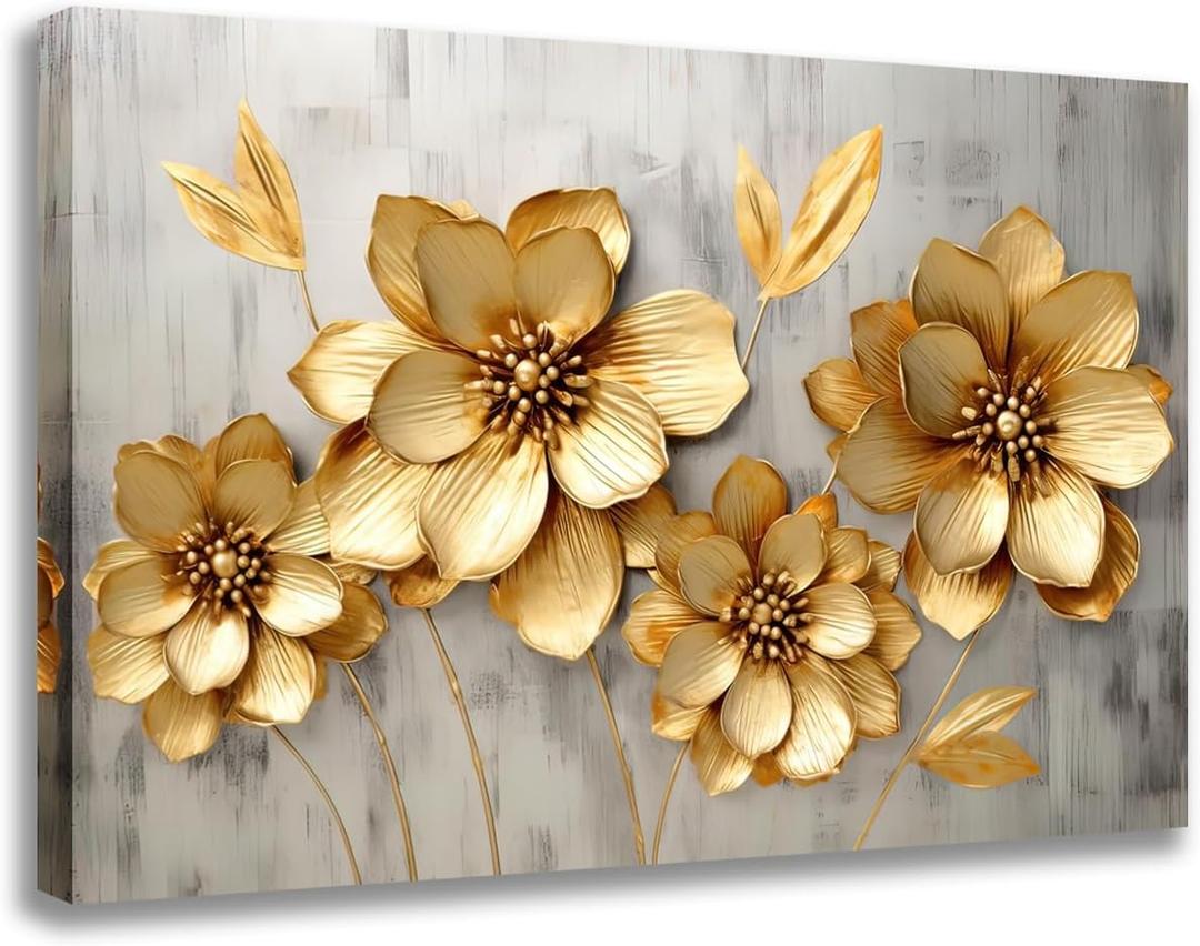 GLOKAKA Gold Metallic Flowers Print Wall Art Elegant Floral Flower Canvas on Grey Background Painting Picture Artwork for Living Room Bedroom Bathroom Decor (Gold Metallic Flowers, 24"x16")