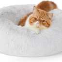 Bedsure Calming Cat Beds for Indoor Cats - Small Cat Bed Washable 20 inches, Anti-Slip Round Fluffy Plush Faux Fur Pet Bed, Fits up to 15 lbs Pets, Frost Grey