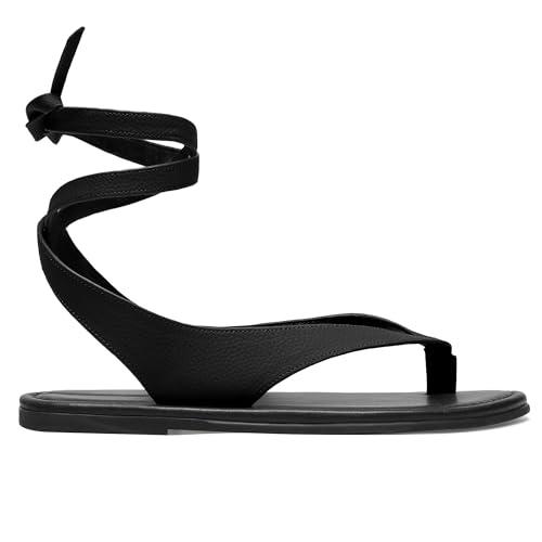 Molozoey Black Ankle Strap Flat Sandals for Women Comfortable Lace Up T-Strap Slip on Flip Flops Flats Ladies Fashion Cute Thong Sandals Summer Soft Flip Flops Sandals 8.5