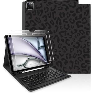 TopPerfekt Keyboard Case for iPad Air 13-inch (M3 2025 / M2 2024) with 2 Pack 9H Hardness Tempered Glass Screen Protector, Pencil Holder - Black Leopard
