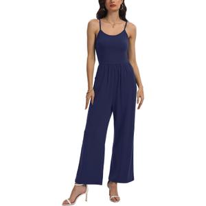 STOLKISS Women Casual Jumpsuits Summer Sleeveless Loose Jumpsuit Shoulder Strap Adjustable Long Pants Rompers with Pockets (Blue, M)