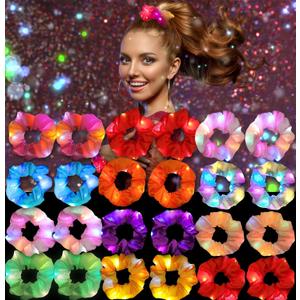 24 Pcs Light Up Scrunchies Hair Ties for Girls LED Scrunchie Hair Bands, Glow in the Dark Hair Party Supplies, Neon Glow Sticks Rave Accessories for Halloween, Christmas, and New Year
